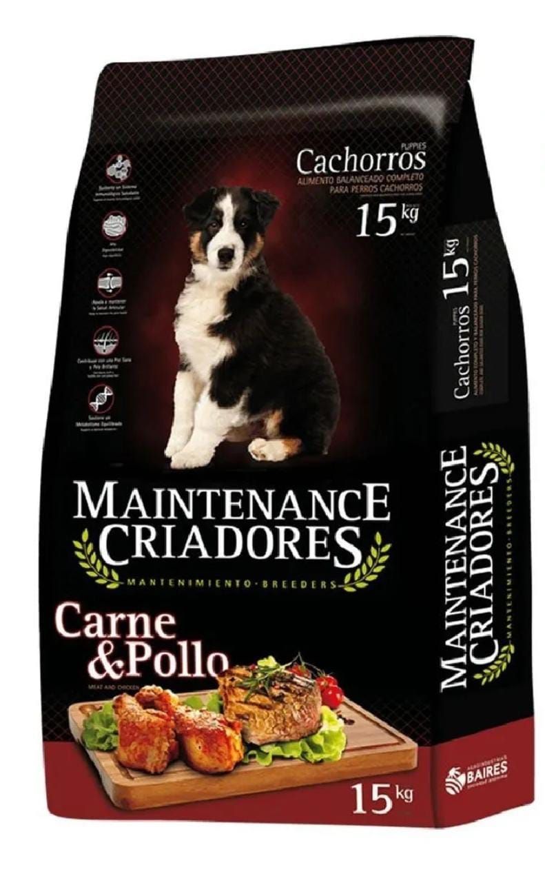 Bolsa de pienso para perros Mantenimiento Criadores, con la imagen de un cachorro y carne cocida, sobre fondo negro y rojo.