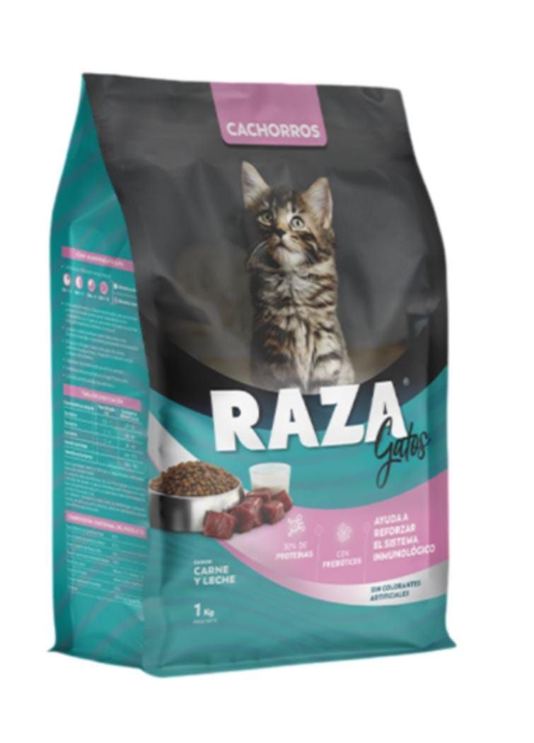 Bolsa de comida para gatos "RAZA Gatos", color verde azulado y negro, con un gatito y su tazón de comida representados.