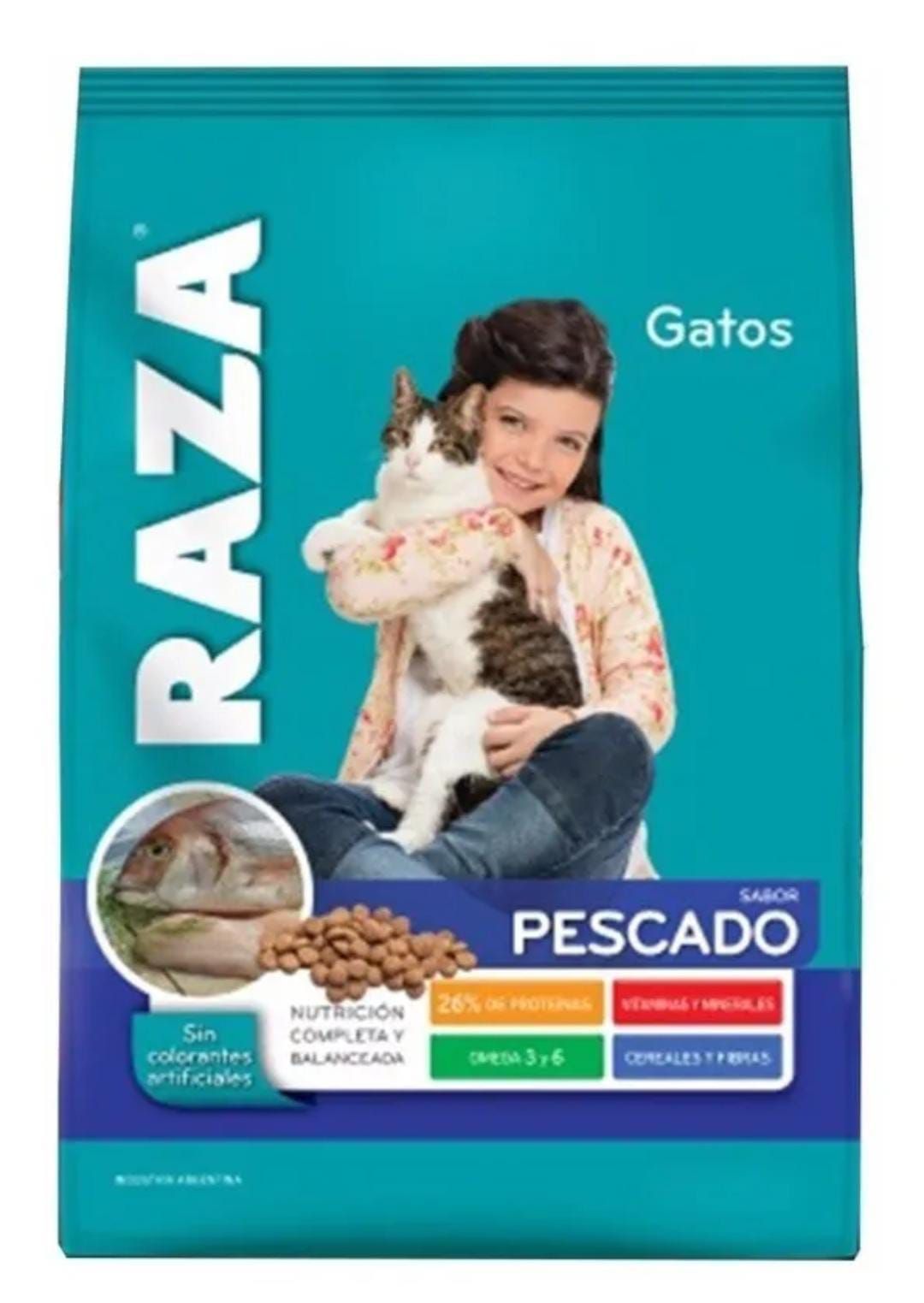 Bolsa de comida para gatos "Raza": Niña sosteniendo gato, con iconos de pescado y croquetas, fondo azul.