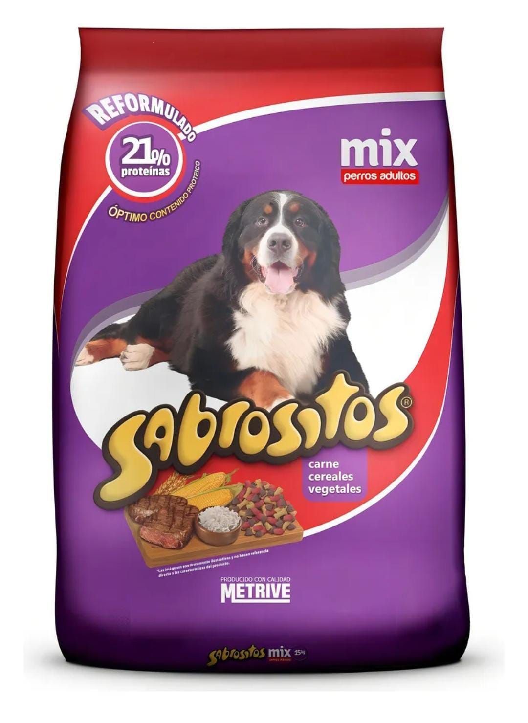 Bolsa de comida para perros con un Boyero de Berna. Fondo morado, logo de "Sabrositos", "mixto" y "perros adultos".