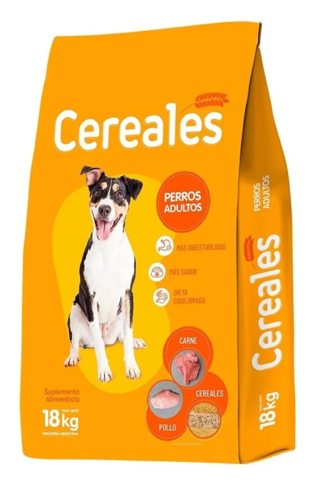 Bolsa de comida para perro, color naranja, marca “Cereales”, perro adulto con carne y granos.