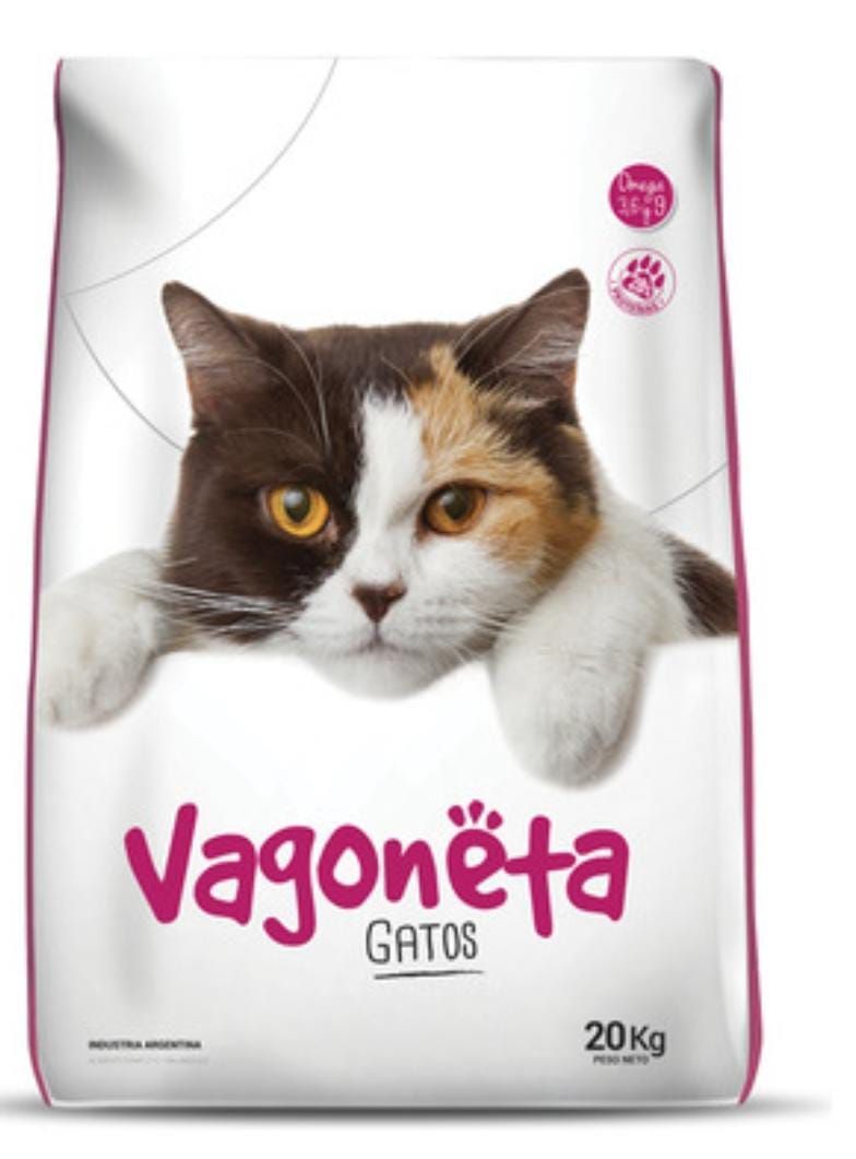 Bolsa de comida para gatos con un gato calicó asomándose, marca "Vagoneta", bolsa de 20kg.