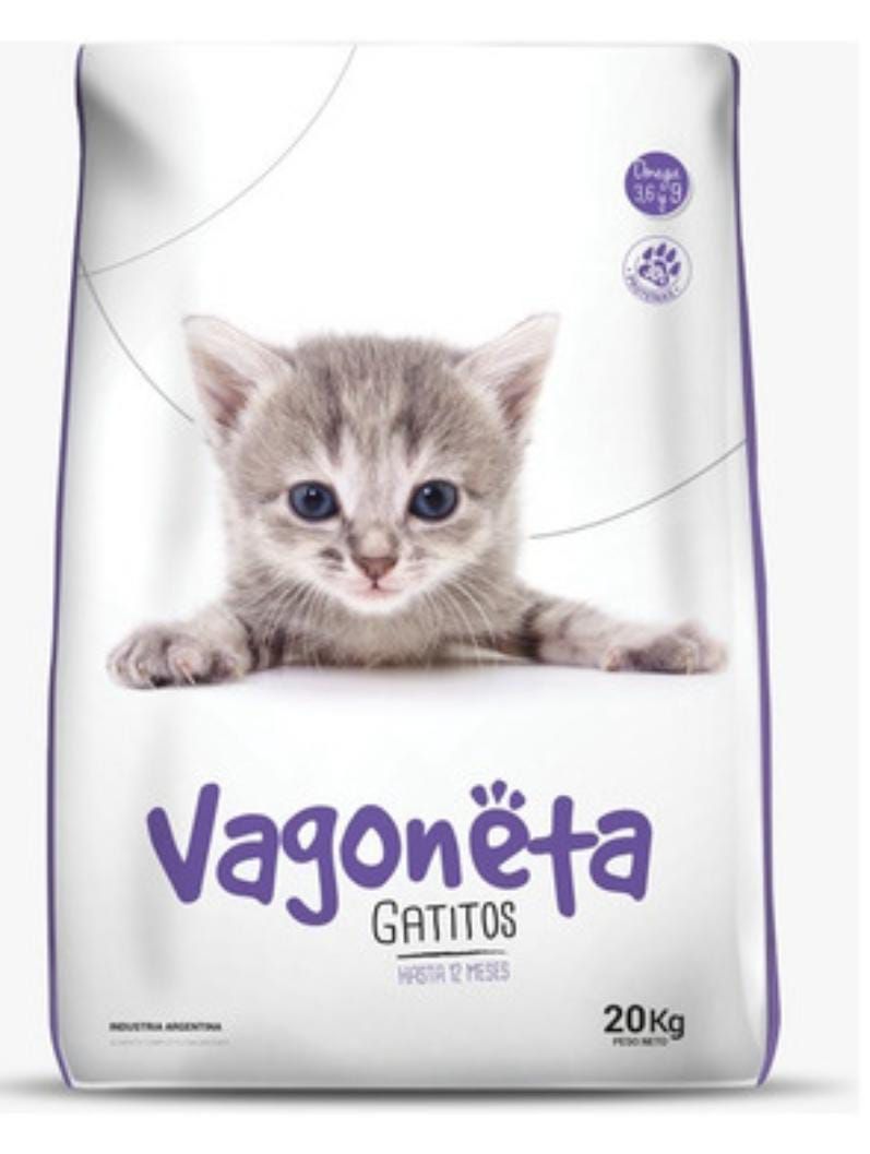Bolsa de comida para gatos Vagoneta para gatitos, que presenta un gatito gris con texto morado sobre fondo blanco.