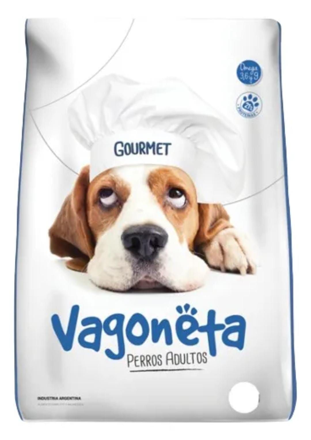 Un perro con gorro de cocinero y la palabra "Gourmet". La bolsa dice "Vagonëta" y "Perros Adultos".