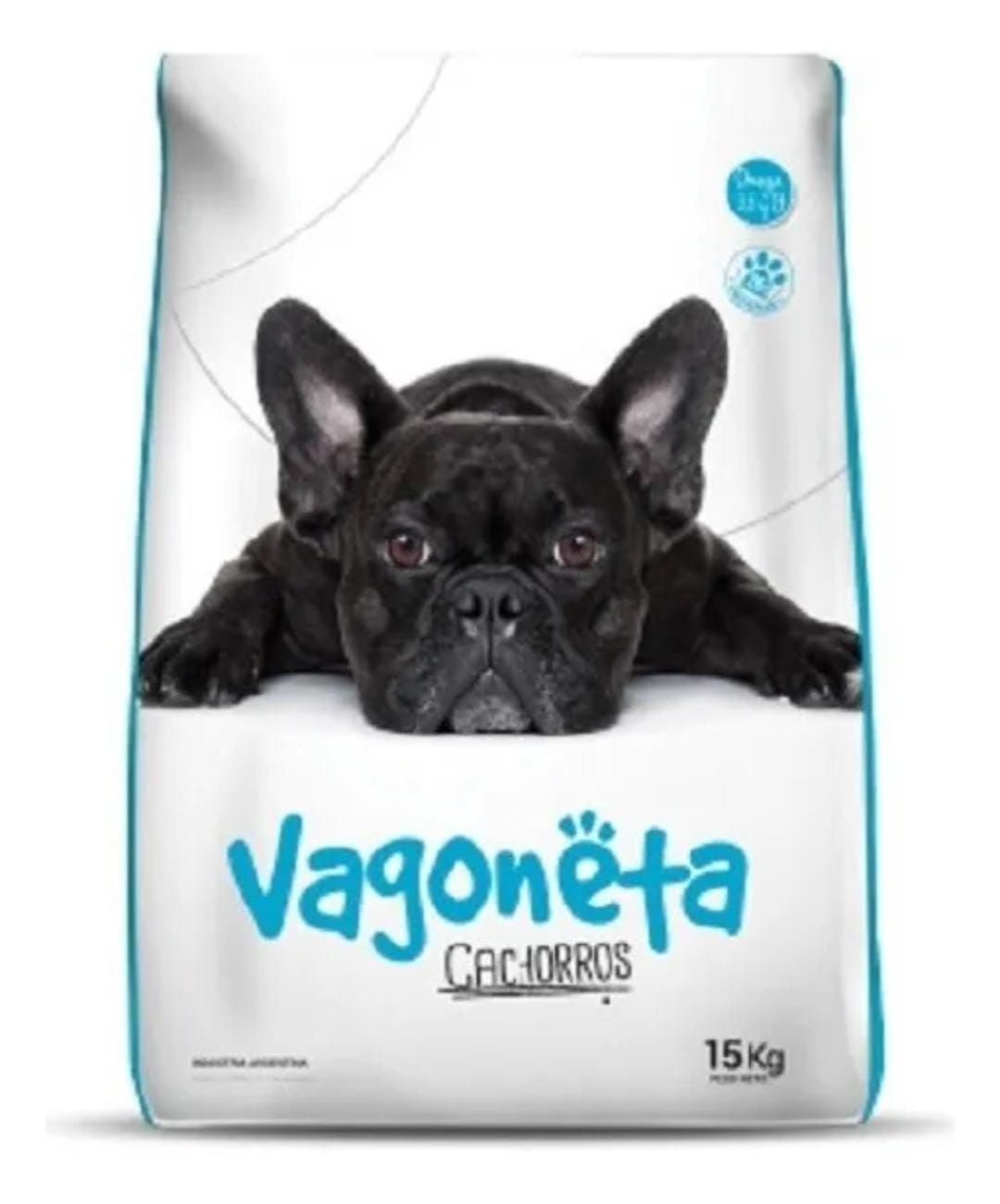 Bolsa de alimento para cachorros Vagoneta con la imagen de un bulldog francés negro.