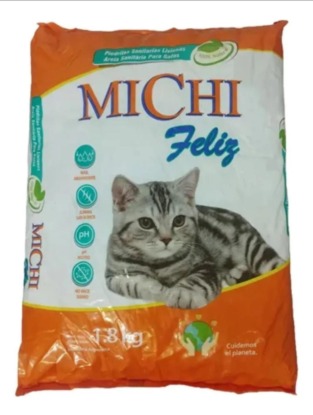 Bolsa de comida para gatos "Michi Feliz"; de color naranja y blanco, con dibujo del gato.
