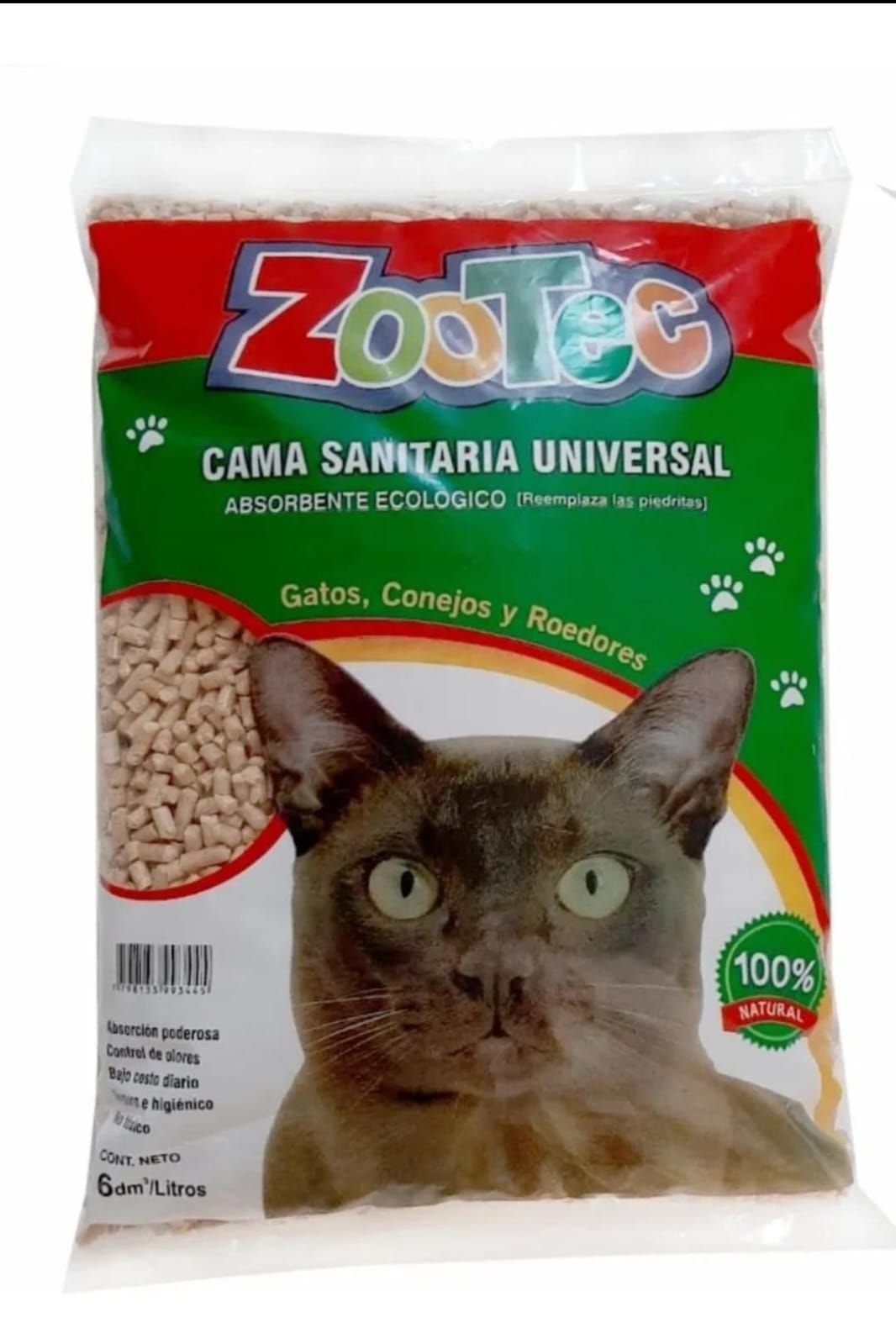 Bolsa de arena para gatos Zootec con un gato en el frente y bolitas de madera visibles.