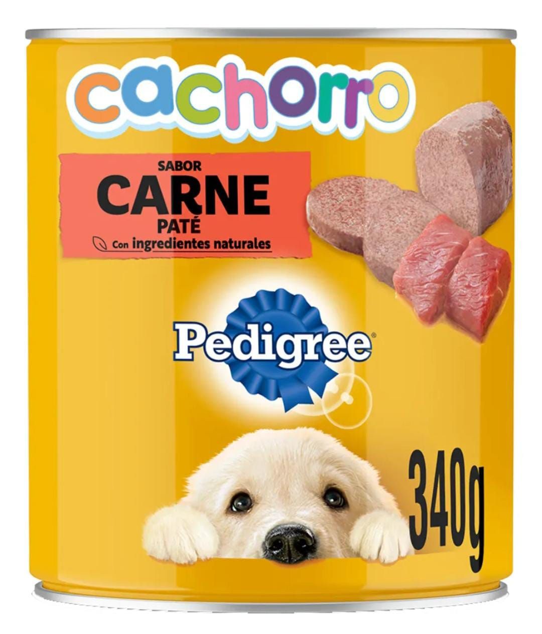 Alimento enlatado para cachorros Pedigree con fondo amarillo, que presenta carne, un cachorro y el texto “Carne Paté”.