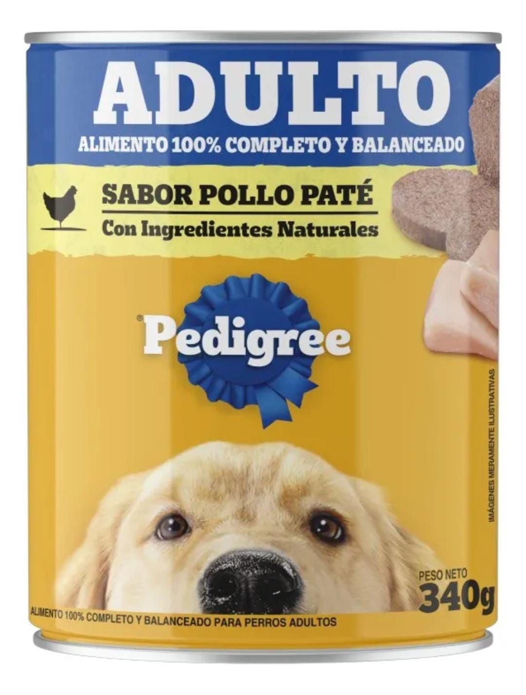 Lata de alimento para perro de la marca Pedigree etiquetada “ADULTO” con sabor “POLLO PATÉ”.