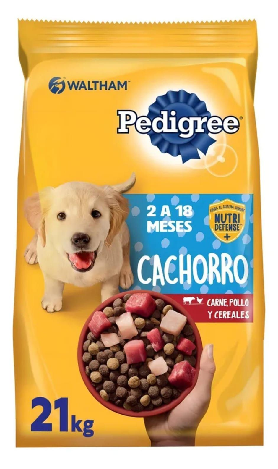 Bolsa de alimento para cachorros Pedigree con un cachorro y un tazón de comida sobre fondo amarillo.