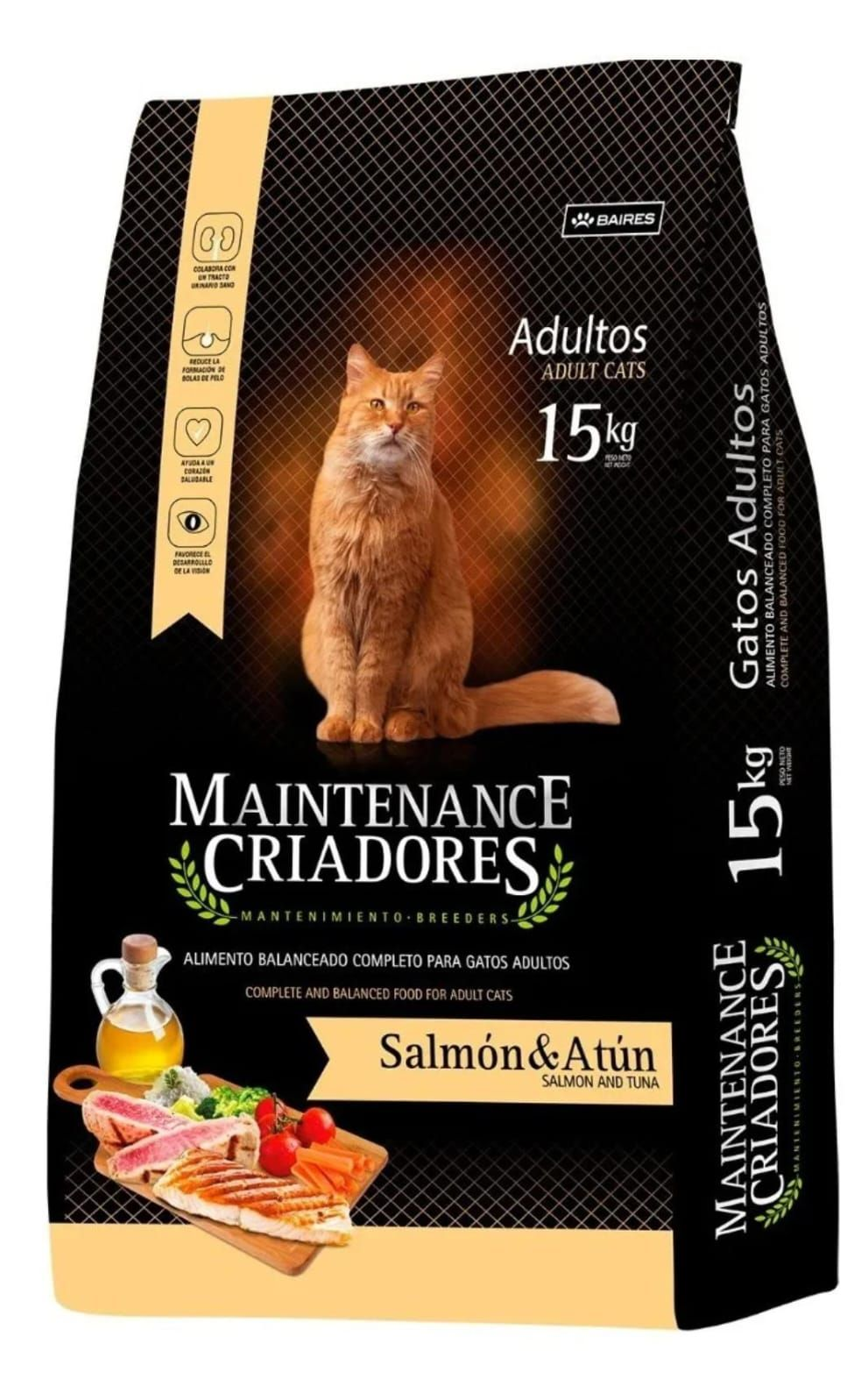 Bolsa de comida para gatos etiquetada "Mantenimiento Criadores" con ilustración de un gato, salmón y atún.