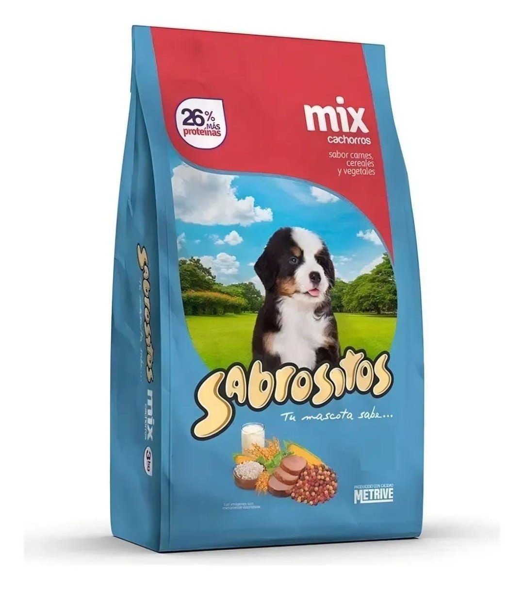 Bolsa de comida para perro con cachorro. Colores azul, rojo y amarillo. Marca "Sabrositos", 26 % de proteína.