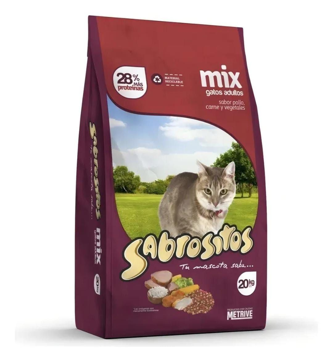 Bolsa de comida para gatos con la etiqueta "Sabrositos" y un gato en el campo. Envase rojo y blanco.