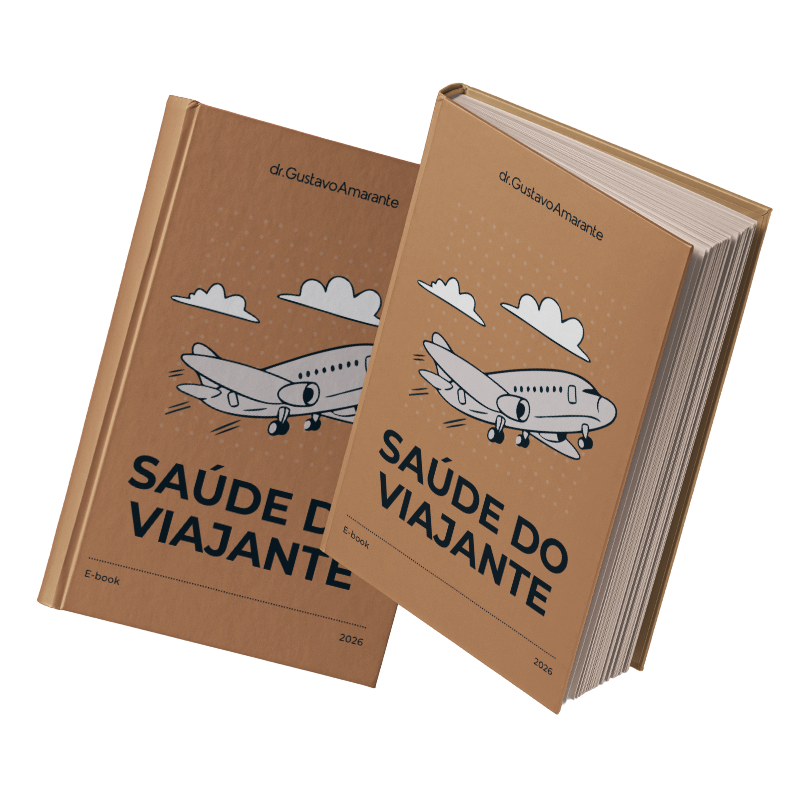 Mockup do e-book Saúde do Viajante sobre planejamento e prevenção em viagens