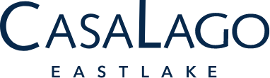A blue and white logo for casalago east lake