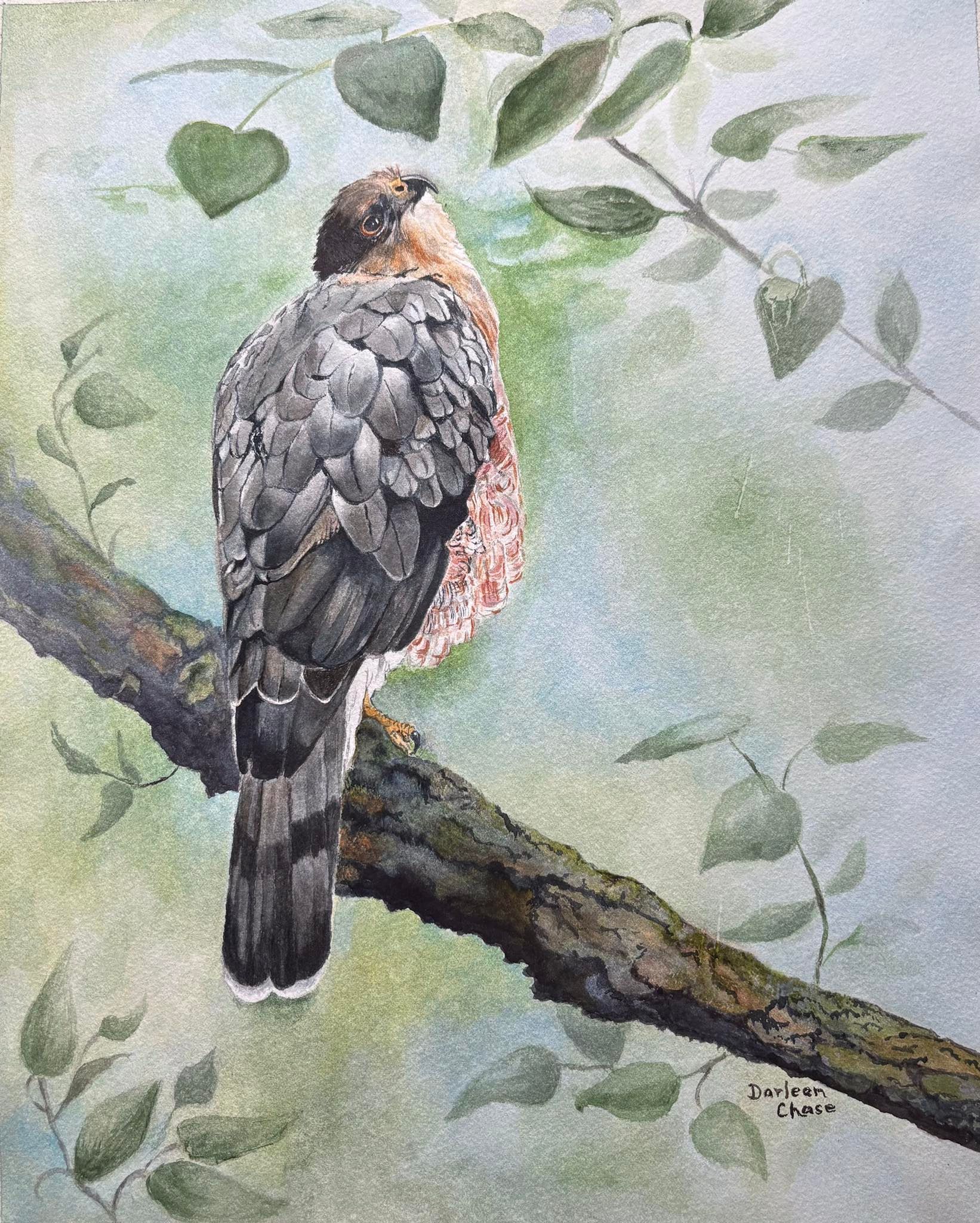 Watercolor-style bird perched on a branch, facing away amid soft green leaves.
