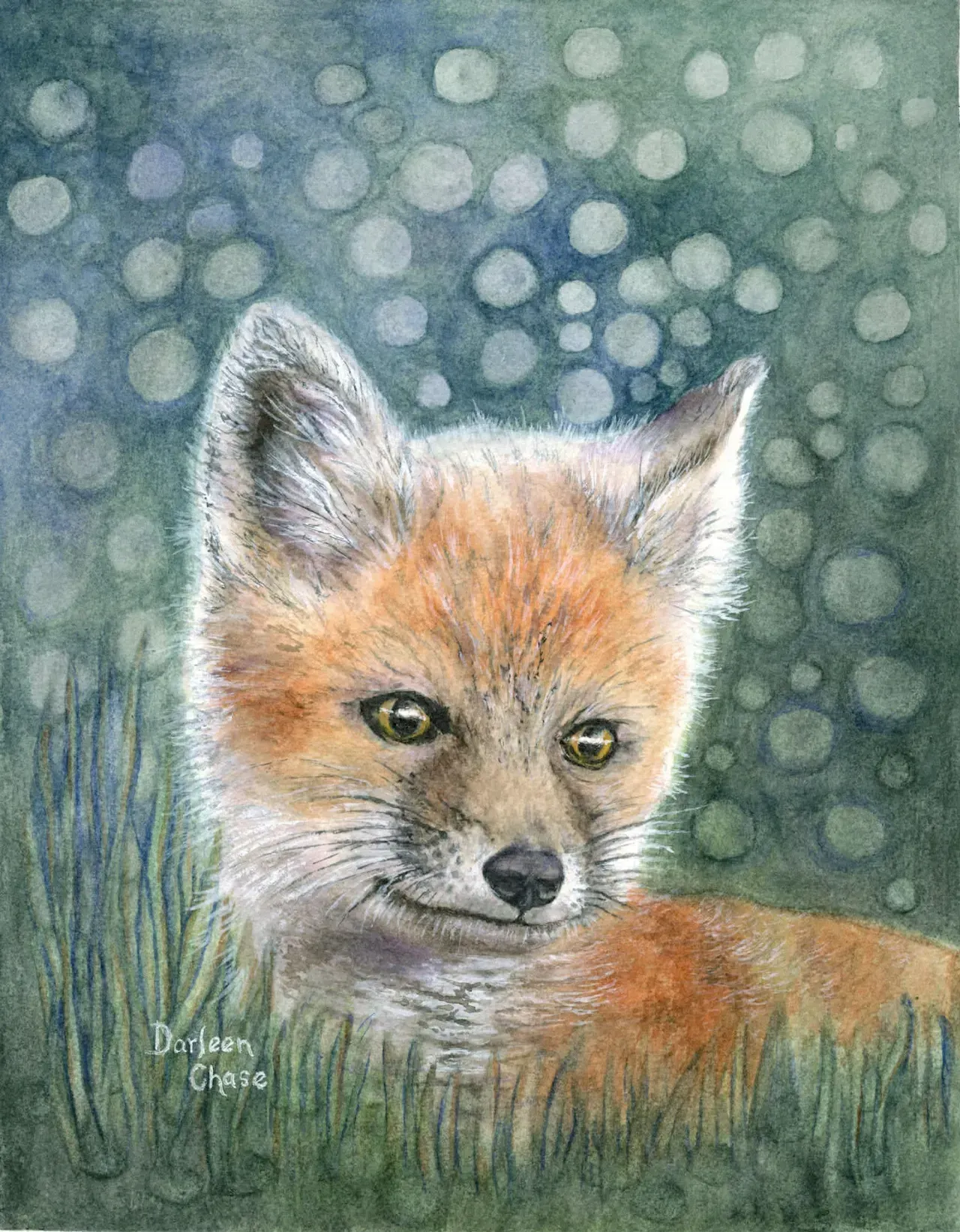 Watercolor fox in grass with orange fur, looking down against a soft green bokeh background.