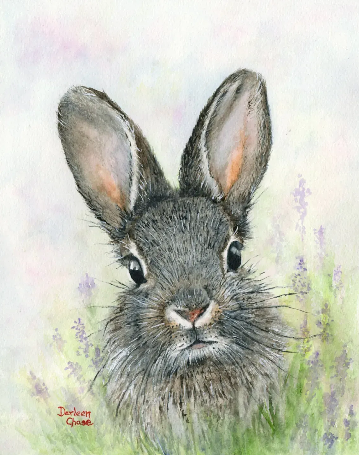 Watercolor-style rabbit portrait with tall ears, gray fur, and soft green-purple grass background