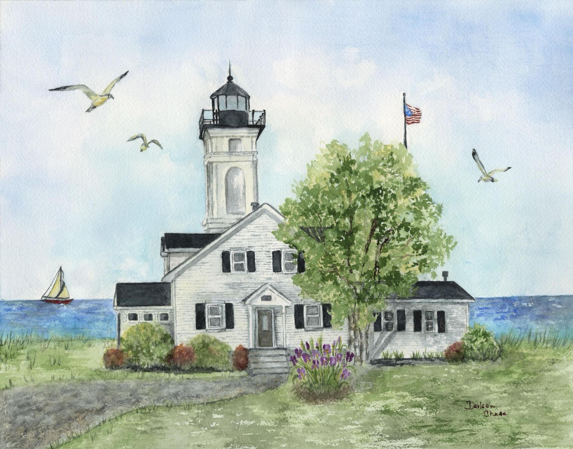 Watercolor lighthouse by the sea with sailboats, birds, and a U.S. flag beside a tree and shrubs.