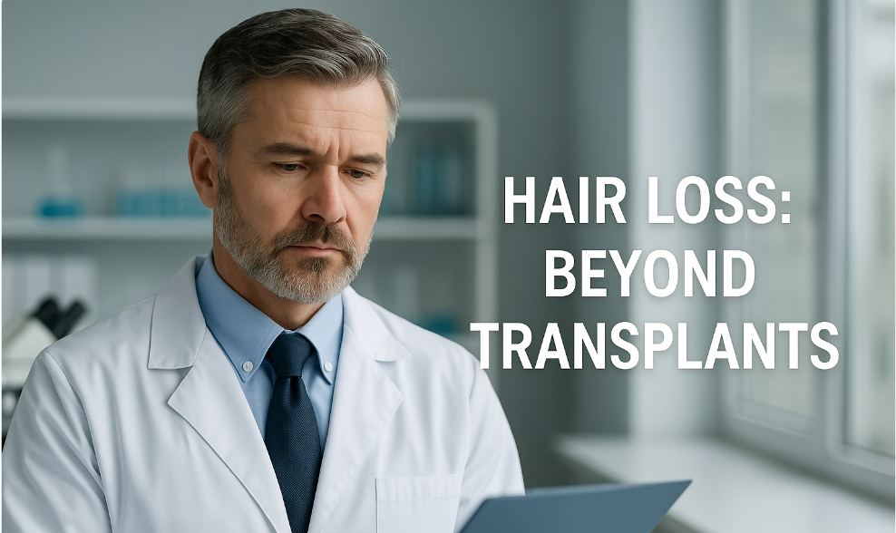 Professional doctor in lab coat reviewing test results with text overlay Hair Loss Beyond Transplant