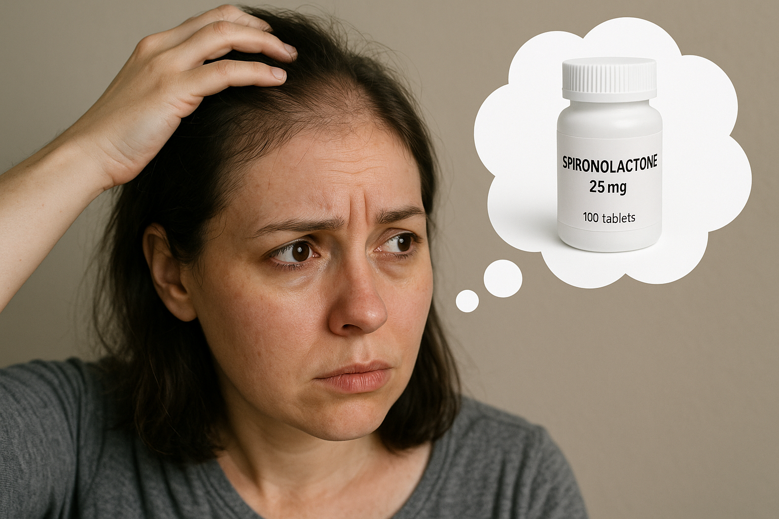 Woman examining thinning hair part in mirror — diffuse female pattern hair loss
