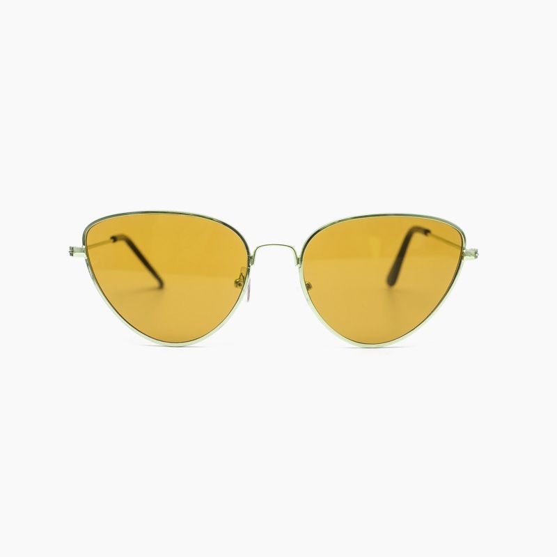 Yellow-tinted, teardrop-shaped sunglasses with a thin gold frame.