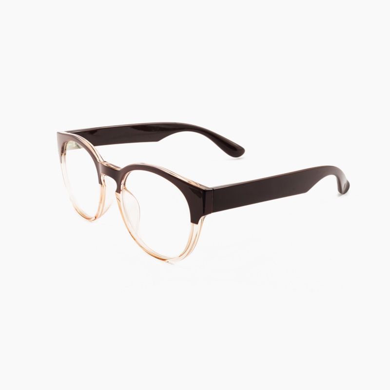 Dark-rimmed eyeglasses with round lenses and tan lower rims, on a white background.