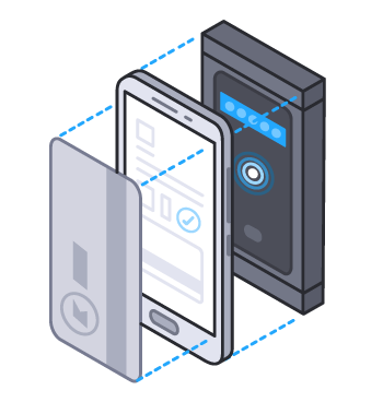 An isometric illustration of a cell phone being assembled into a box.