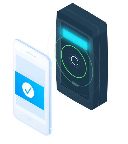 An isometric illustration of a cell phone and a scanner.