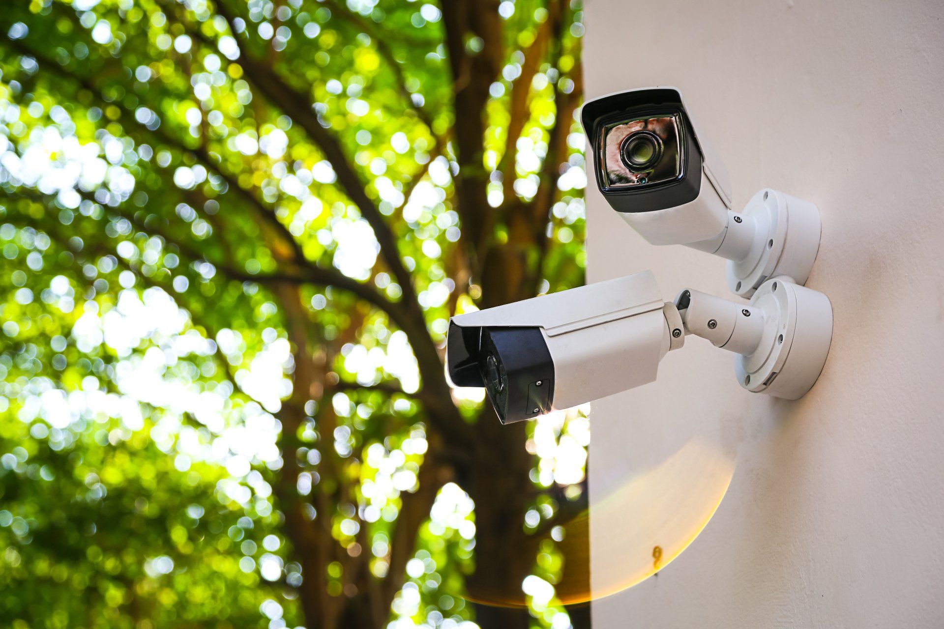 Two security cameras are mounted on the side of a building.