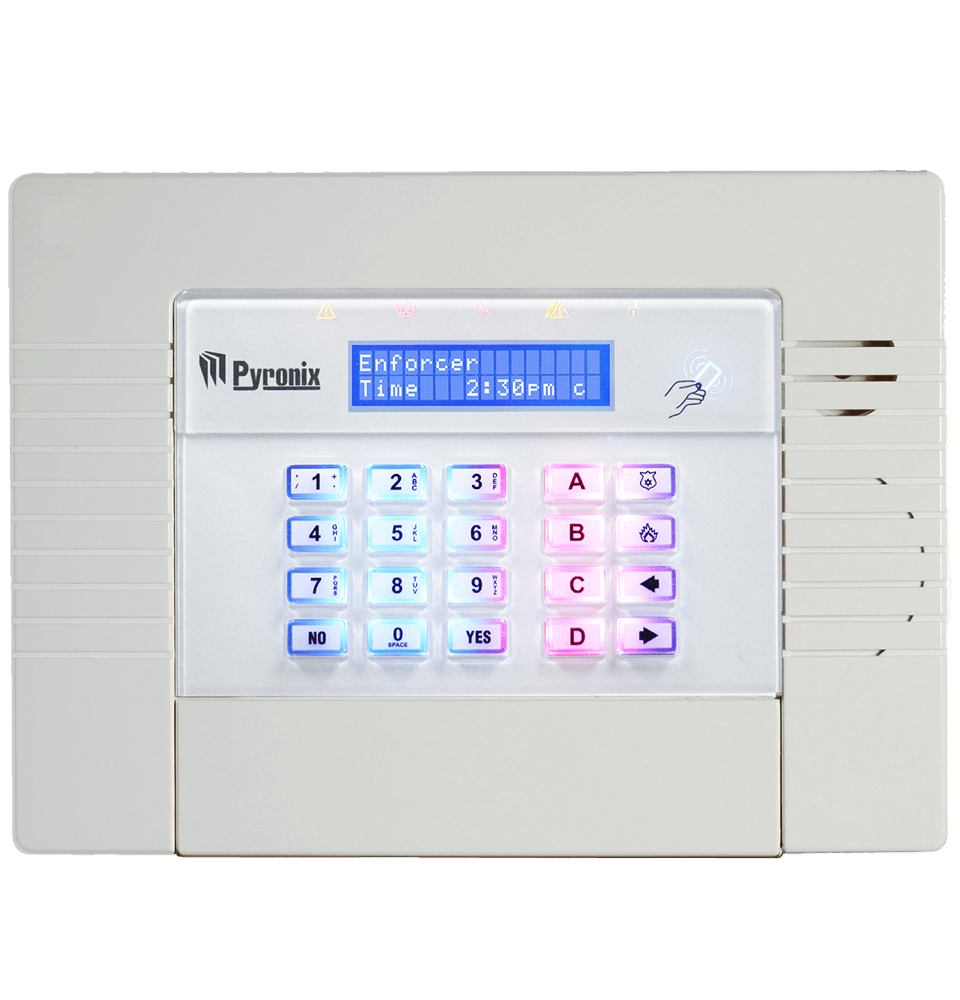 A white keypad with the word pyronix on it