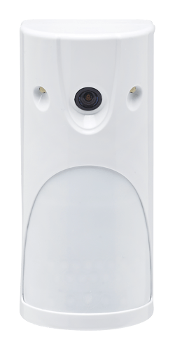 A white motion sensor with a camera attached to it on a white background.