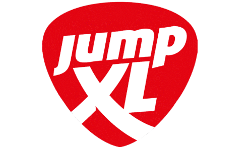 A red and white logo for jump xl