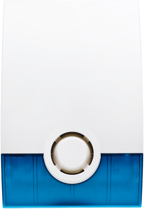 A blue and white alarm box with a white button on it.