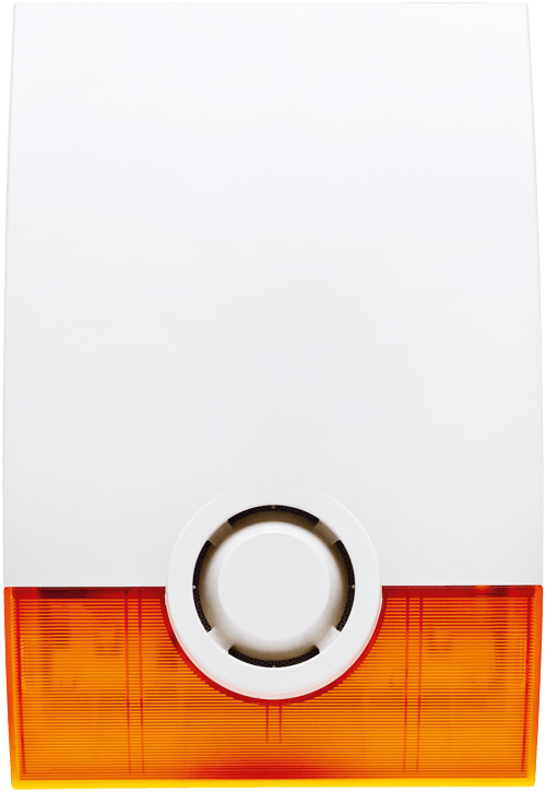 A white and orange alarm with a circle in the middle on a white background.