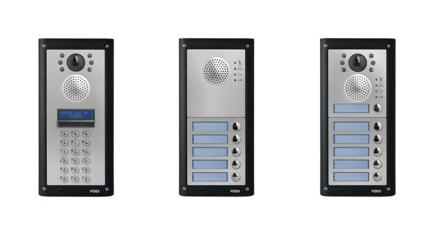 Three different types of door phones are shown on a white background.