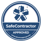 A blue circle with a flower on it that says safe contractor approved.