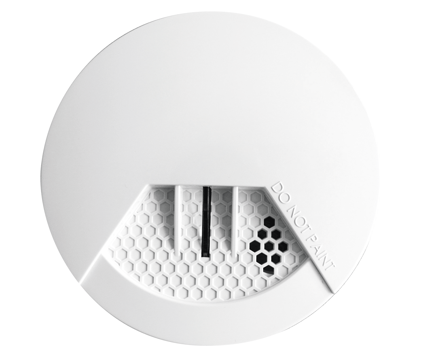 A close up of a white smoke detector on a white background.