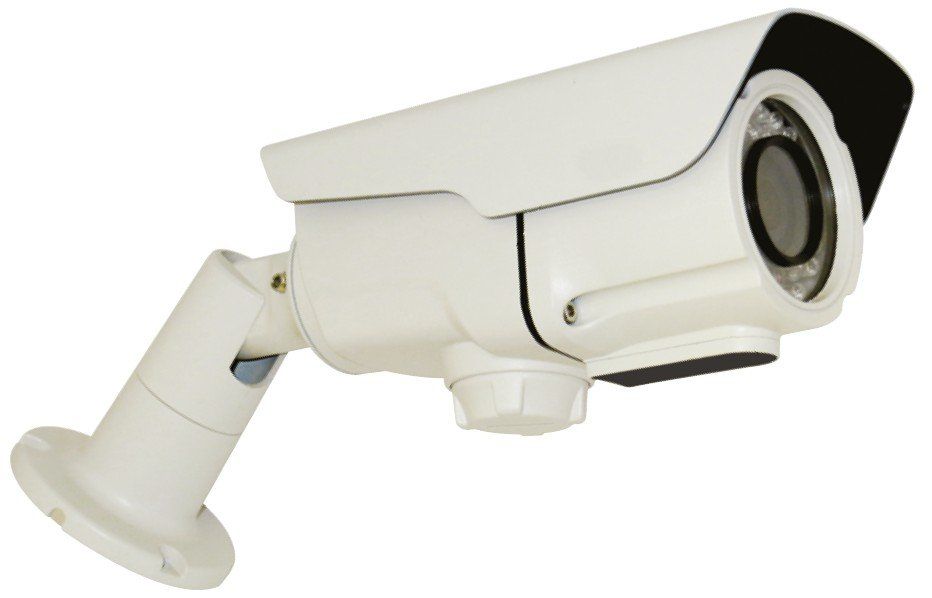 A white security camera with a black lens on a white background