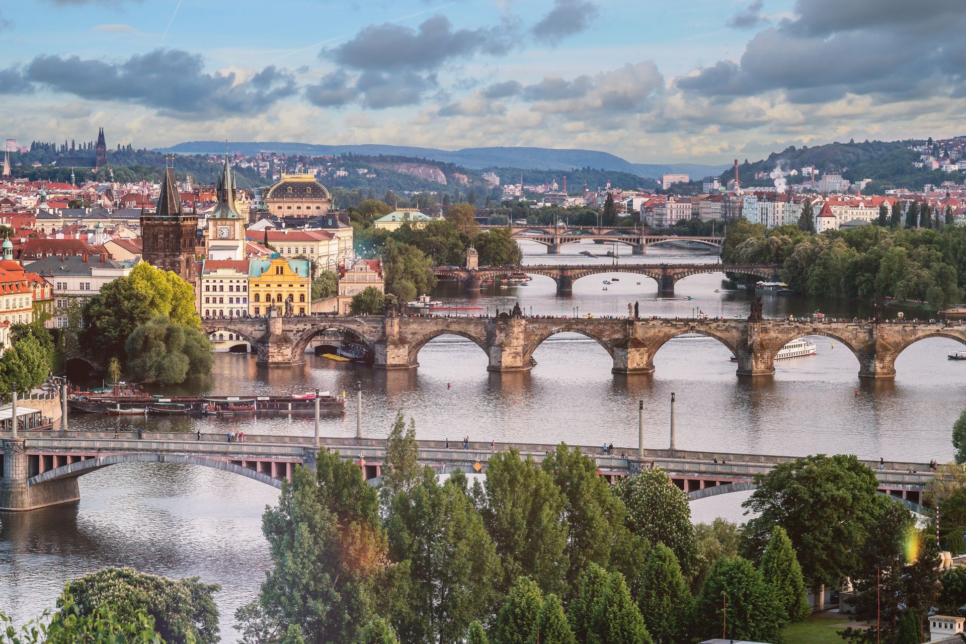 An aerial view of a city with bridges over a river