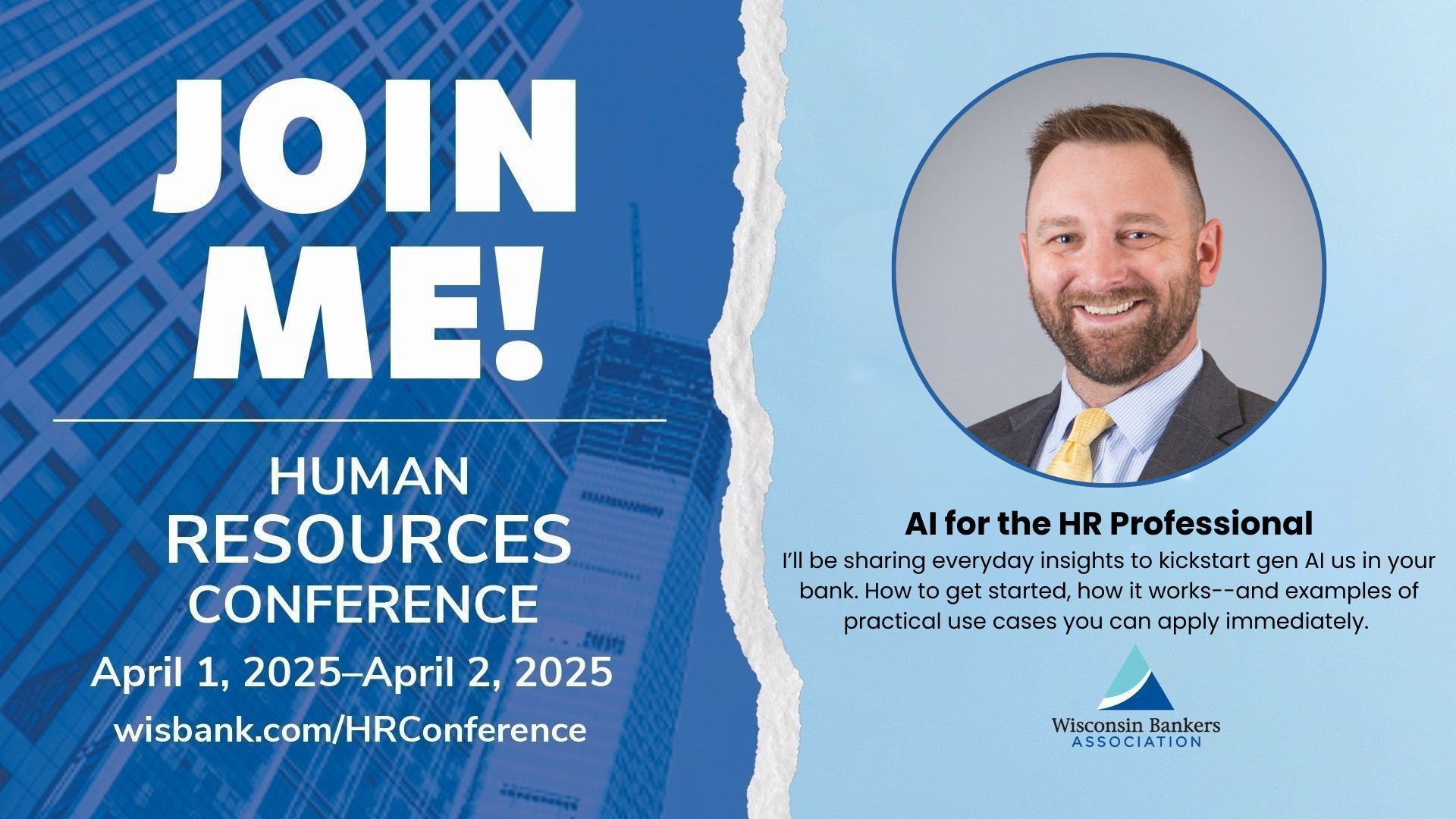 A poster for a human resources conference with a picture of a man in a suit and tie.