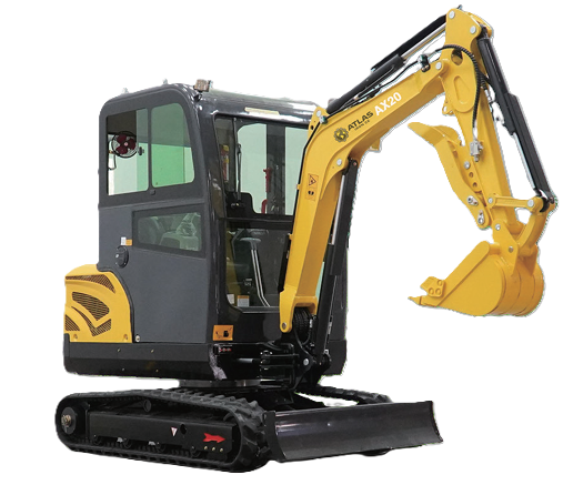 Yellow mini-excavator with black tracks and canopy; bucket lowered, ready to dig.