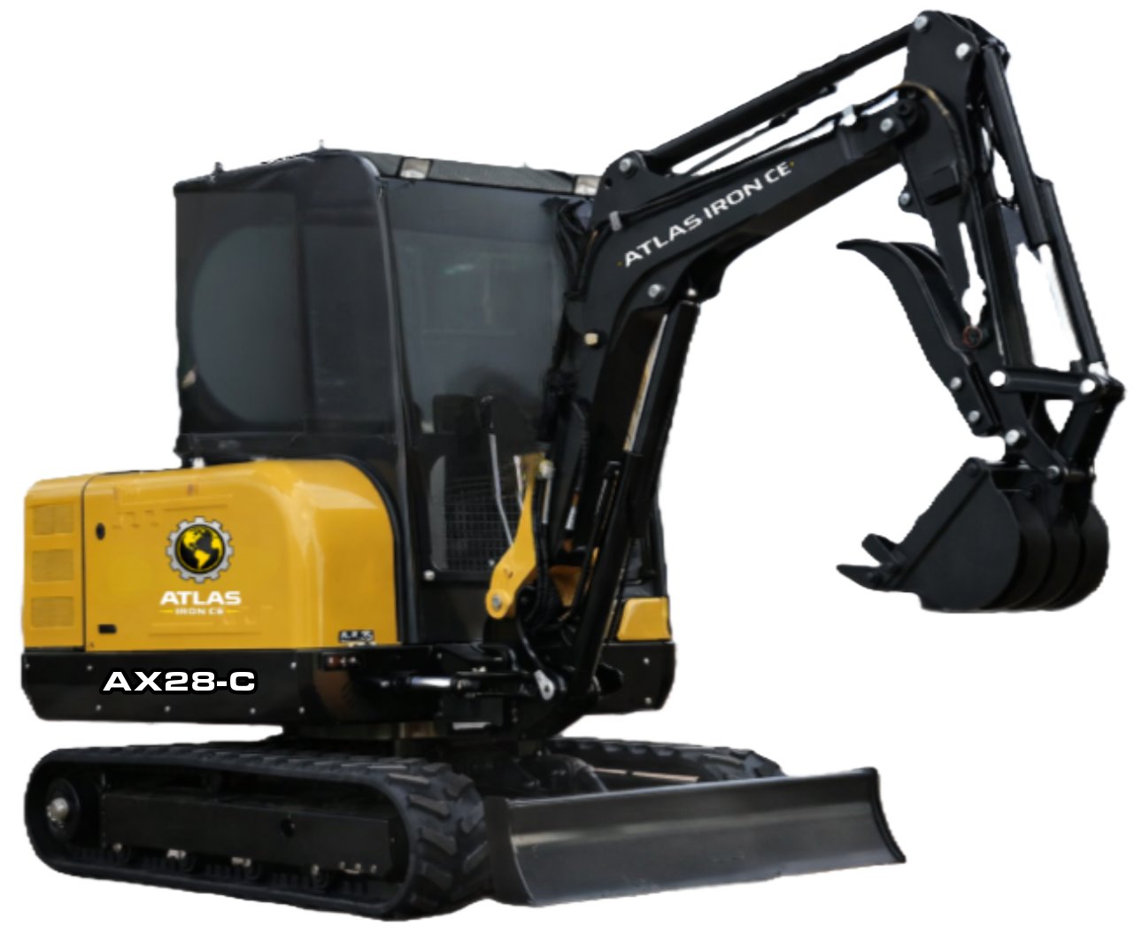 Yellow mini-excavator with black tracks and canopy; bucket lowered, ready to dig.