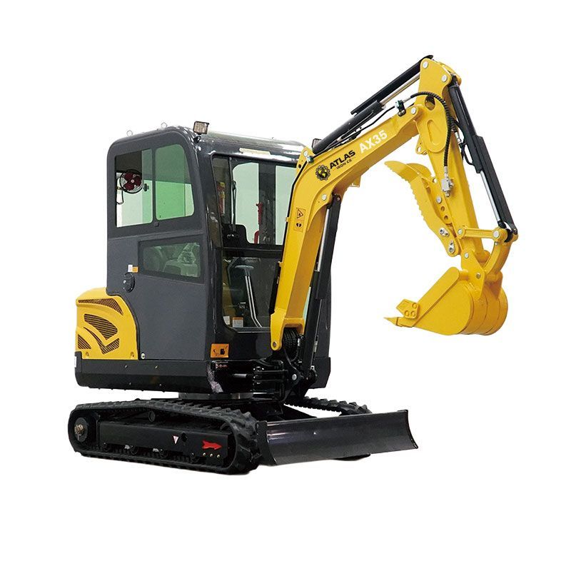 Yellow mini-excavator with black tracks and canopy; bucket lowered, ready to dig.
