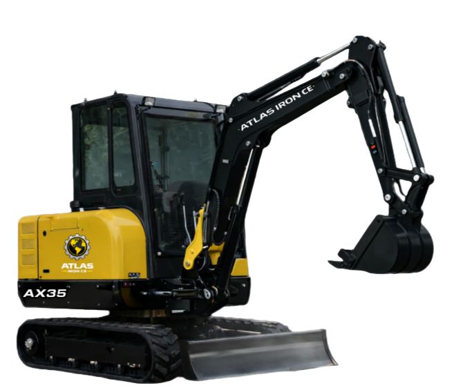 Yellow mini-excavator with black tracks and canopy; bucket lowered, ready to dig.