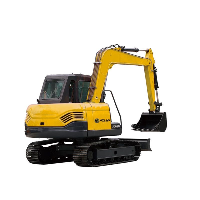 Yellow mini-excavator with black tracks and canopy; bucket lowered, ready to dig.