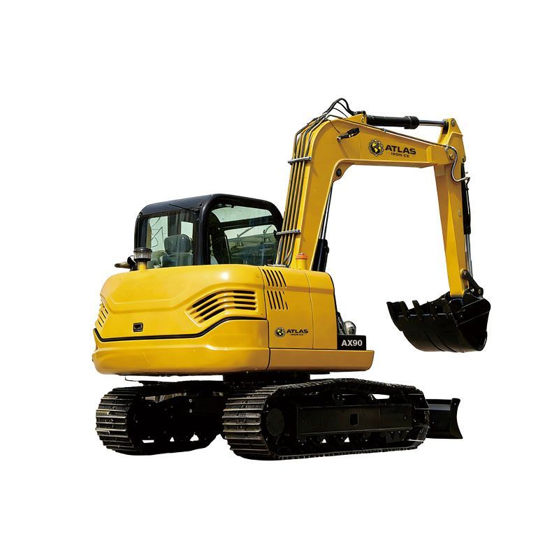 Yellow mini-excavator with black tracks and canopy; bucket lowered, ready to dig.