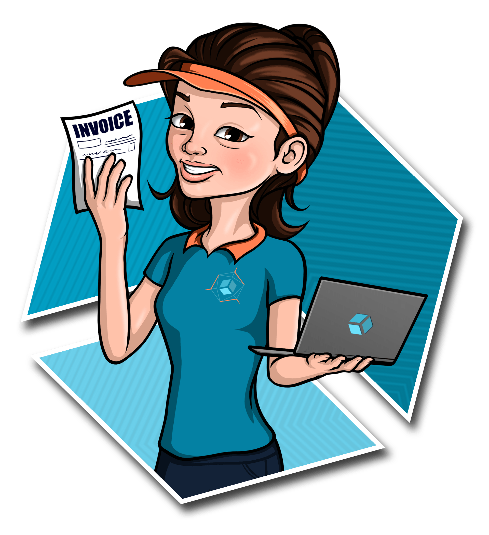 A cartoon of a woman holding an invoice and a laptop