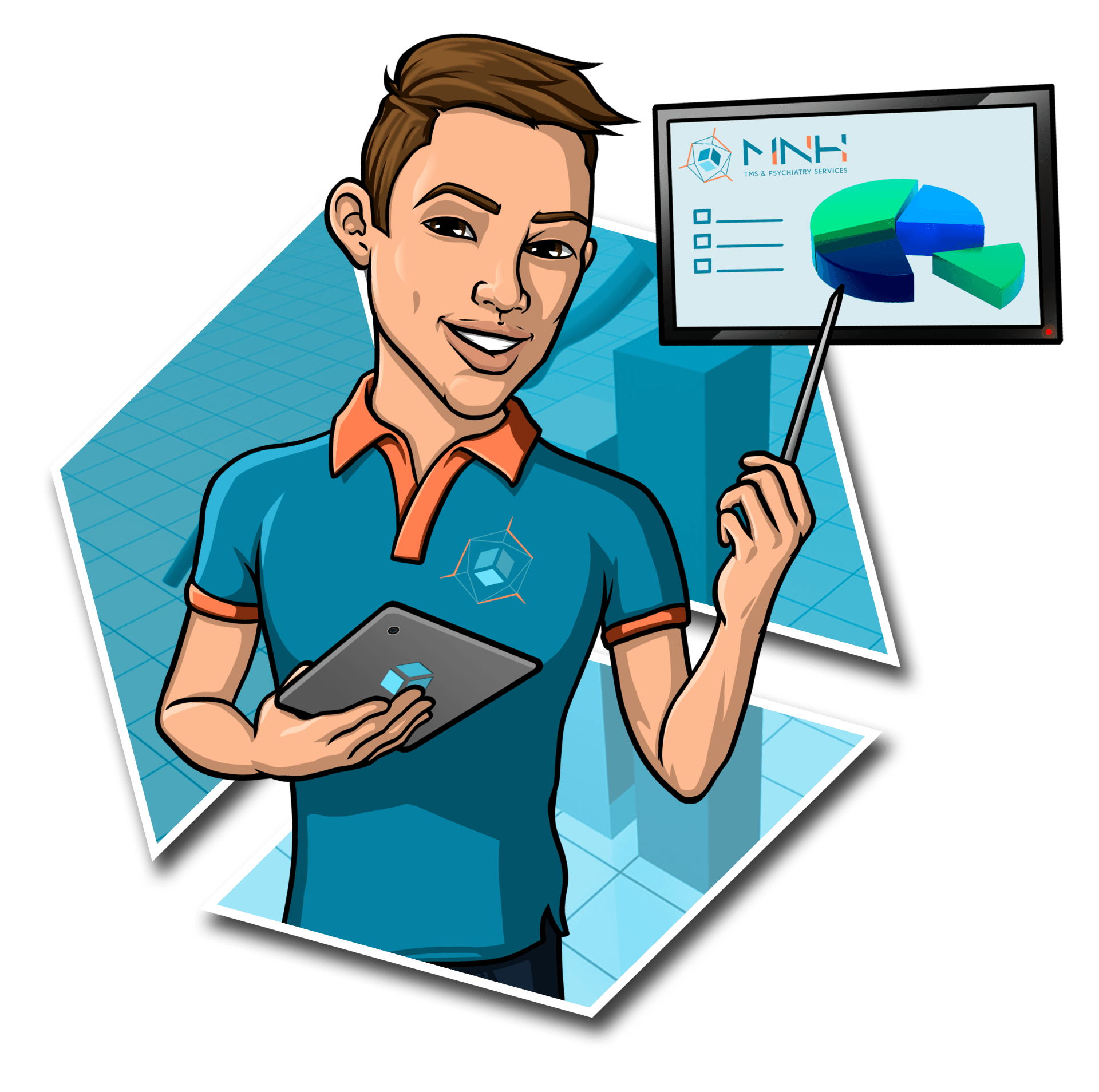 A man is holding a tablet and pointing at a screen that says minh