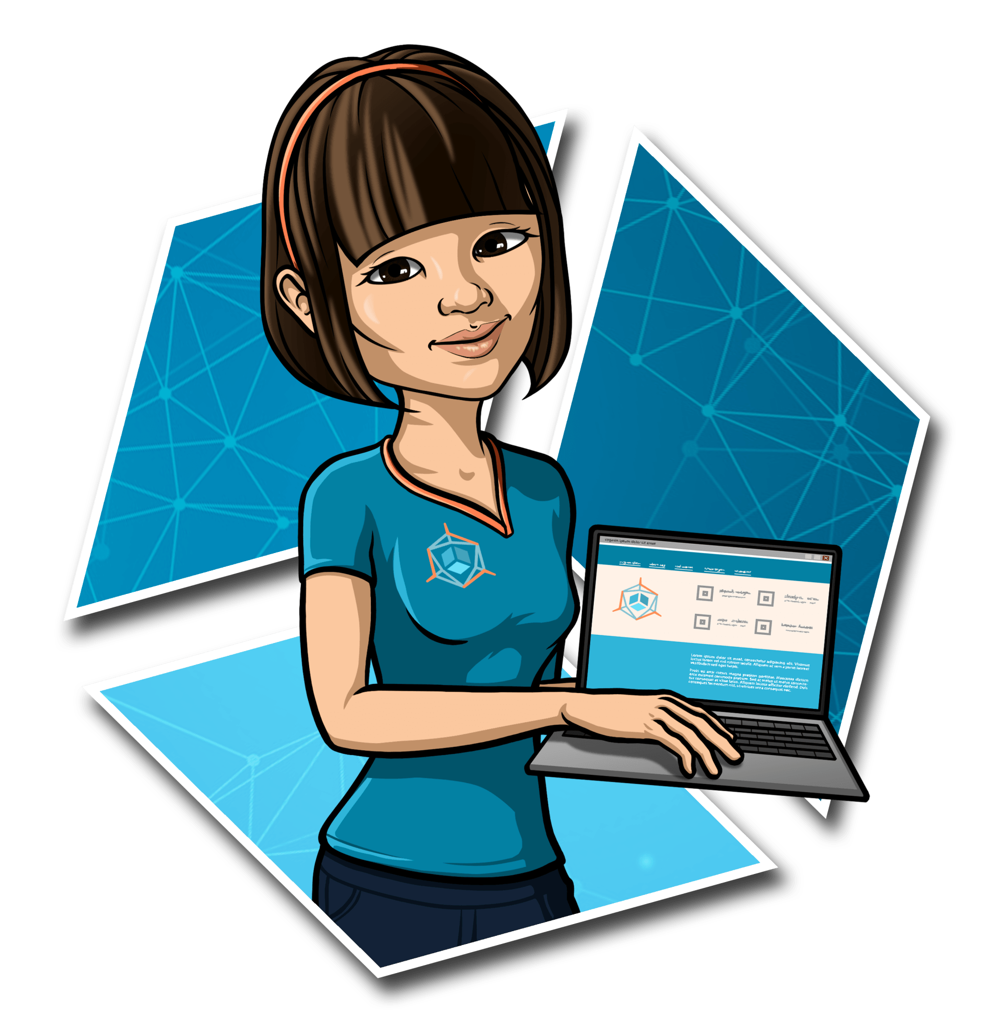 A cartoon of a woman holding a laptop computer.
